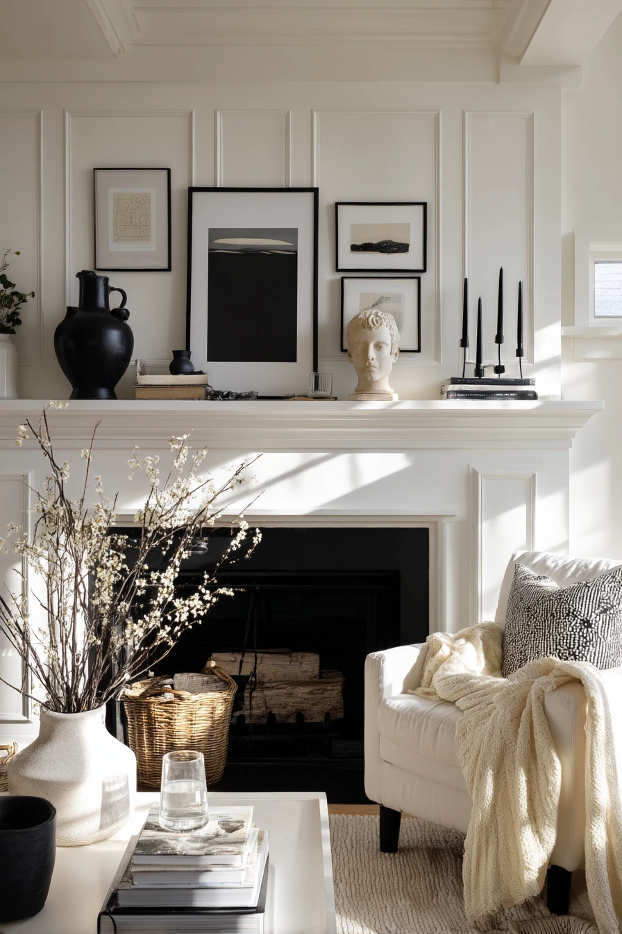 black and white mantel decor ideas 3