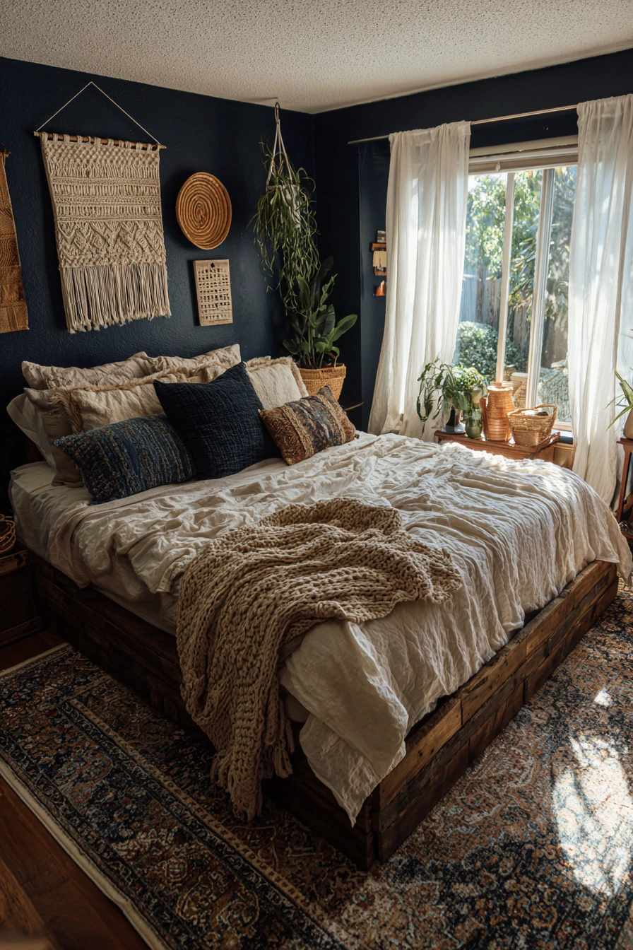 navy blue boho bedroom 1