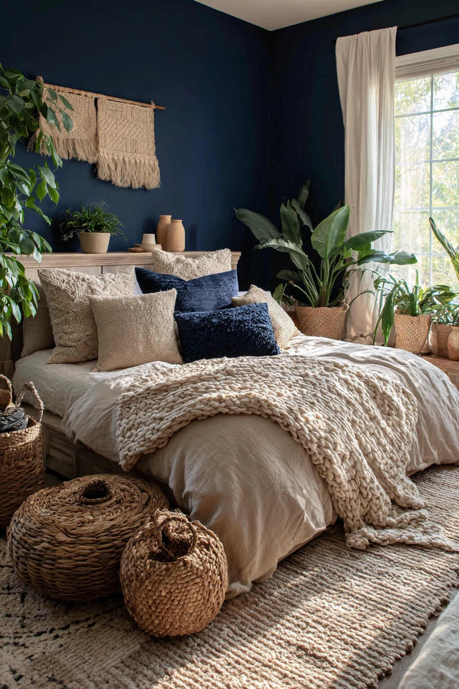 navy blue boho bedroom 18