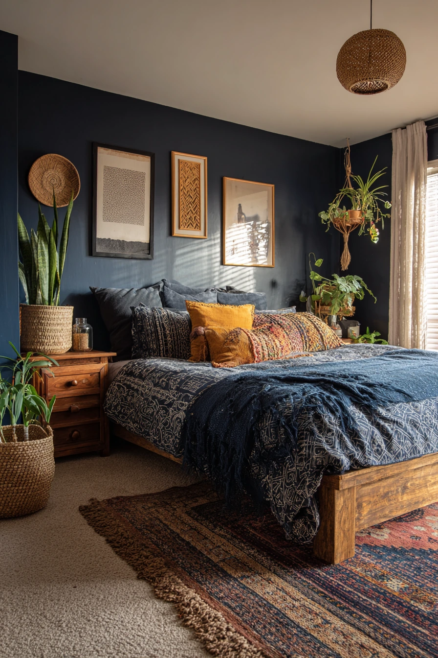 navy blue boho bedroom 32