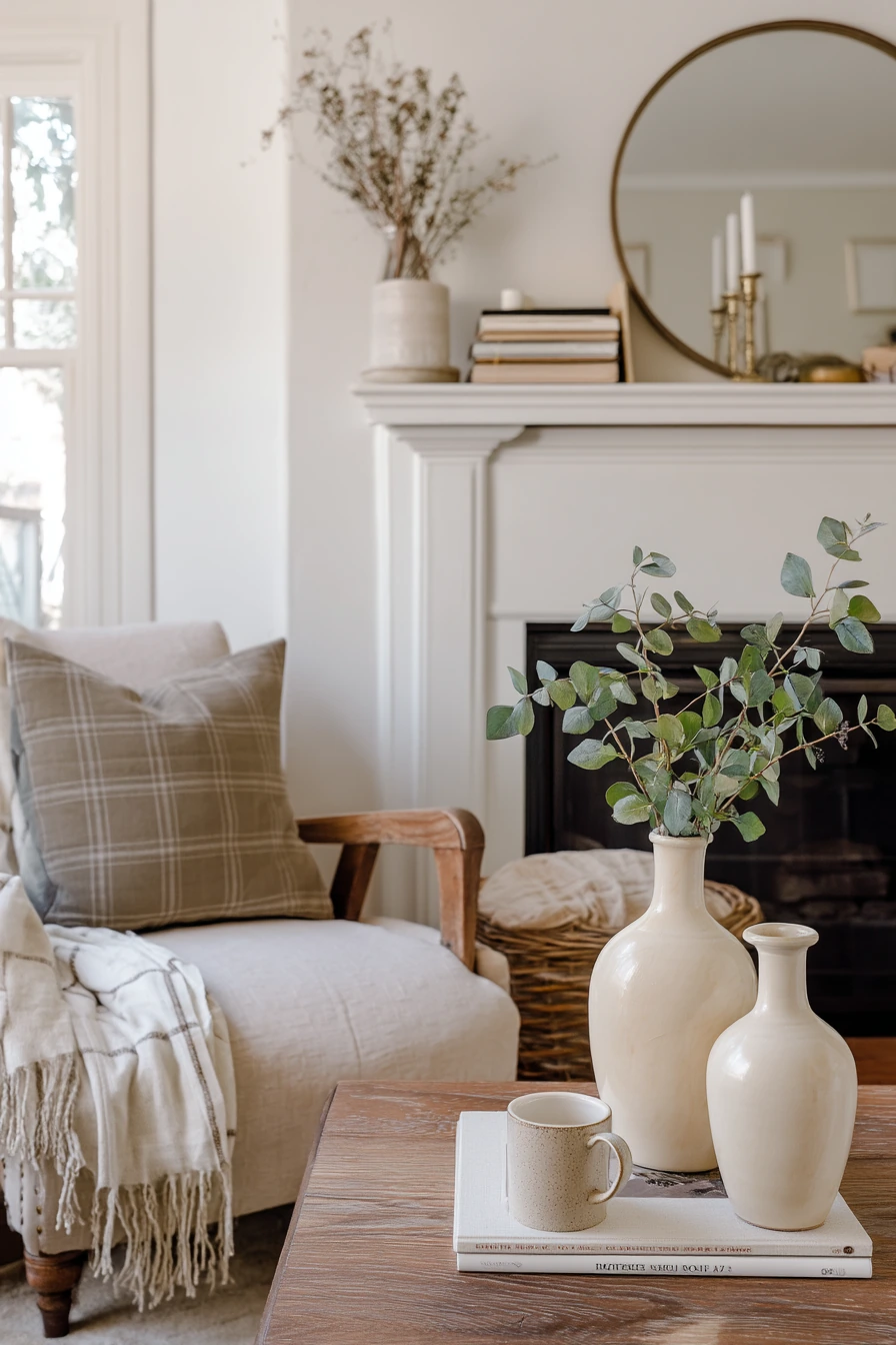 neutral mantel decor ideas 23