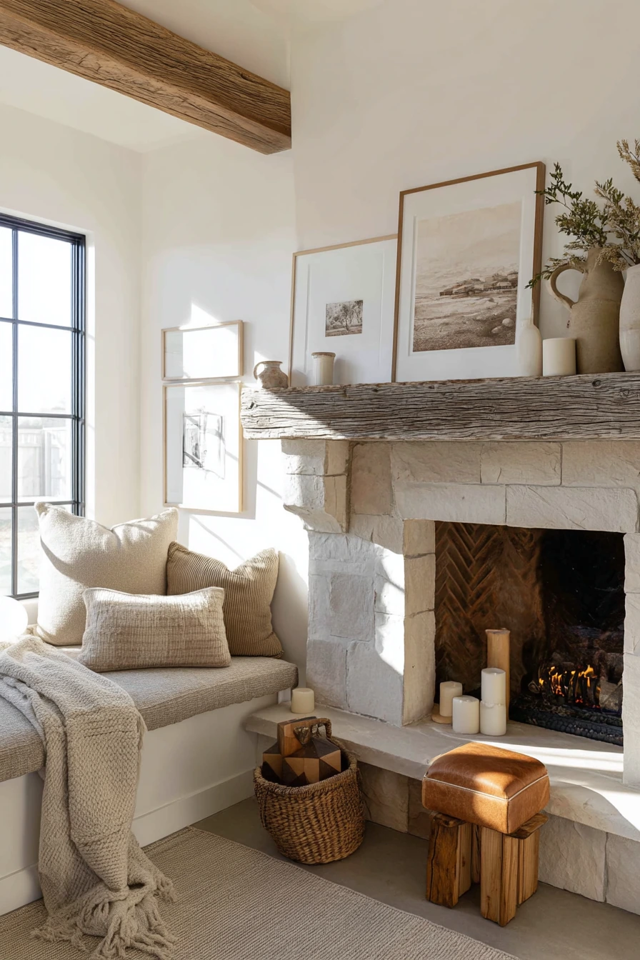neutral mantel decor ideas 27