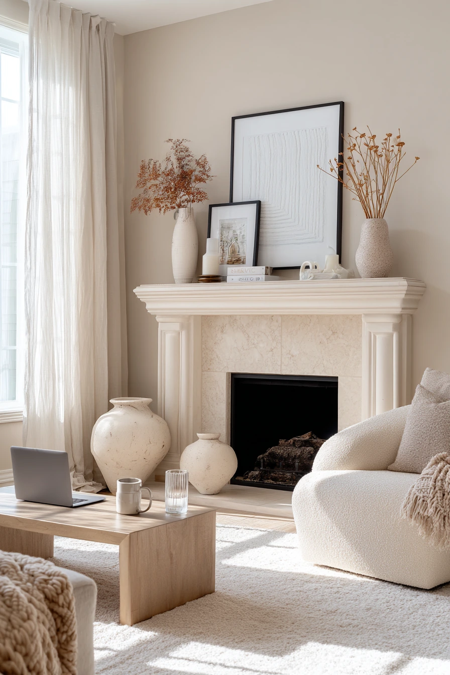 neutral mantel decor ideas 31