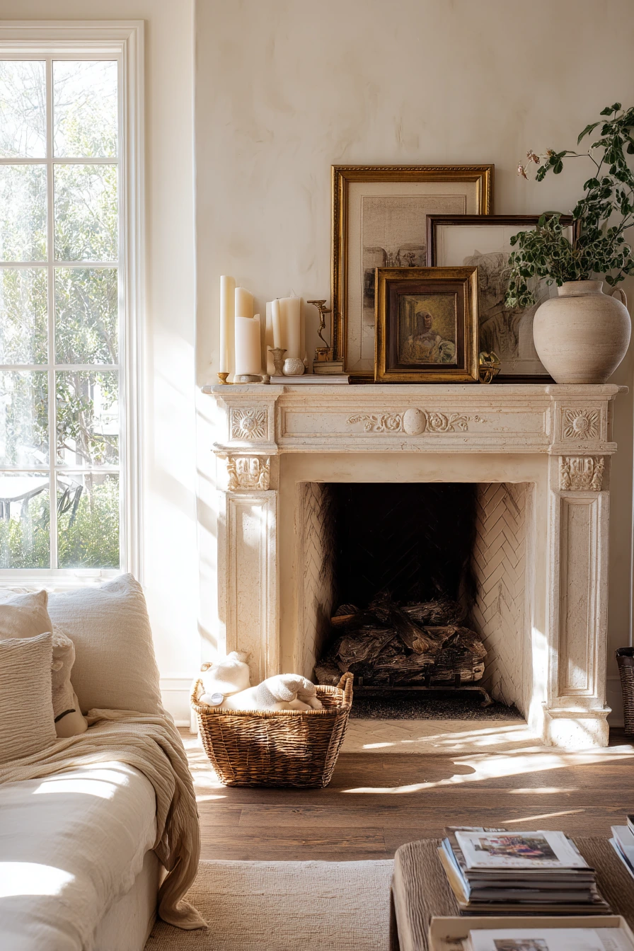 neutral mantel decor ideas 33