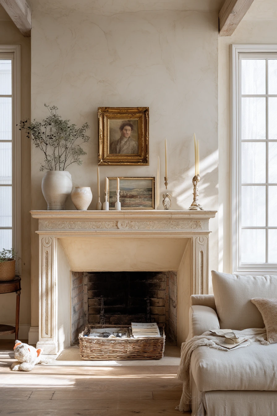 neutral mantel decor ideas 34