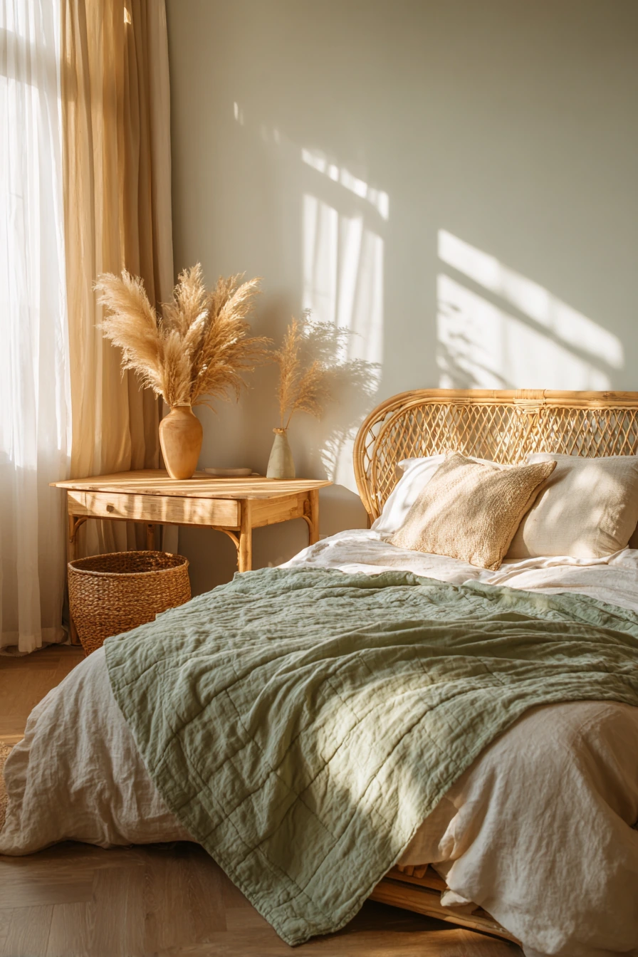 sage green boho bedroom 15
